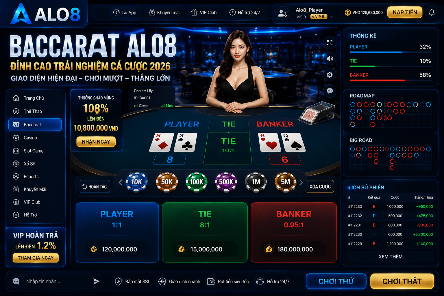 Baccarat ALo8 giao diện hiện đại